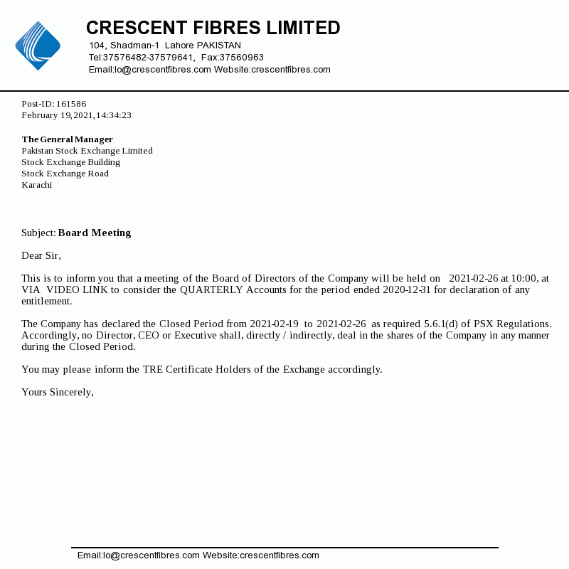 CFL Share Price / Stock Price (KSE100, PSX Stock) - Crescent Fibres Limited