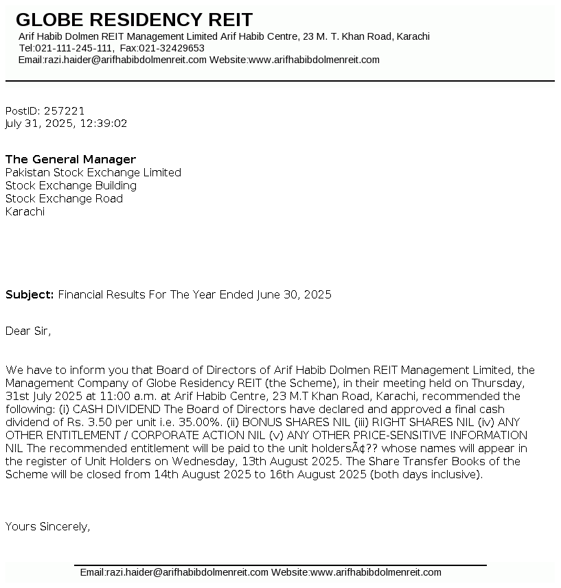 STOCK SUMMARY FOR GLOBE RESIDENCY REIT visual data 5