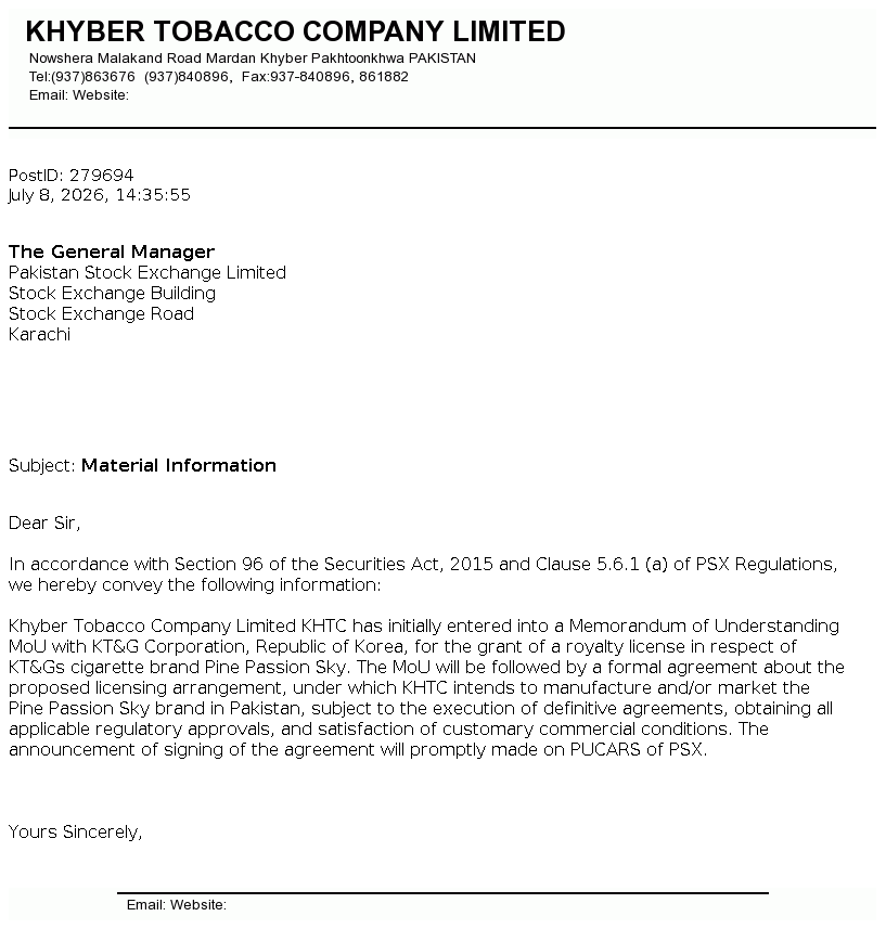 khyber tobacco Company Limited: Shareholders Board Members Managers and Company Profile | PK0012401011 KHTC - Rs 300.4 |
